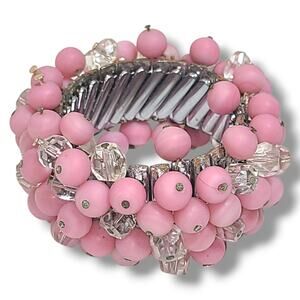 Vintage Frosted Pink Glass & Crystal Accordion ChaCha‎ Bracelet *Read